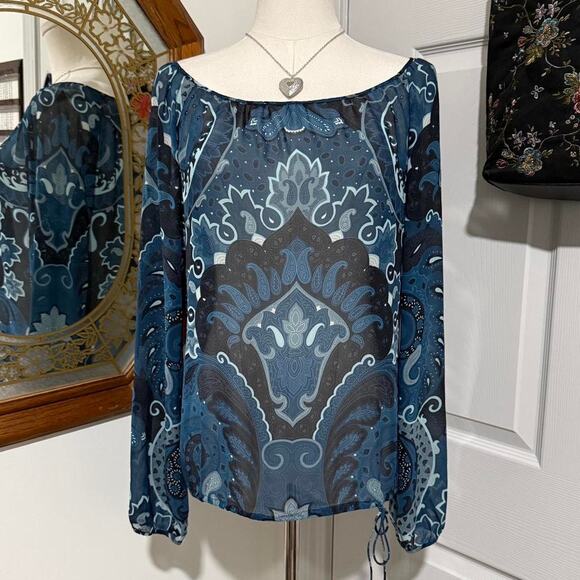 Theory Blue & Black Sheer 100% Silk Boho Paisley Pattern Long Sleeve Top M - Picture 3 of 8